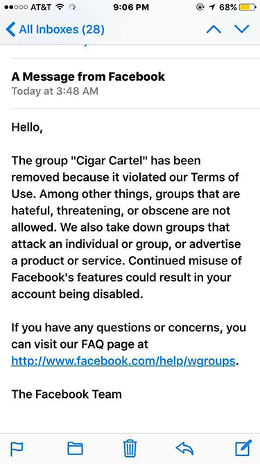 Cigar Cartel Facebook notice